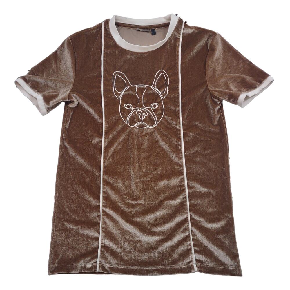 Hand Embroidered Frenchie Velvet Tee, Size Medium